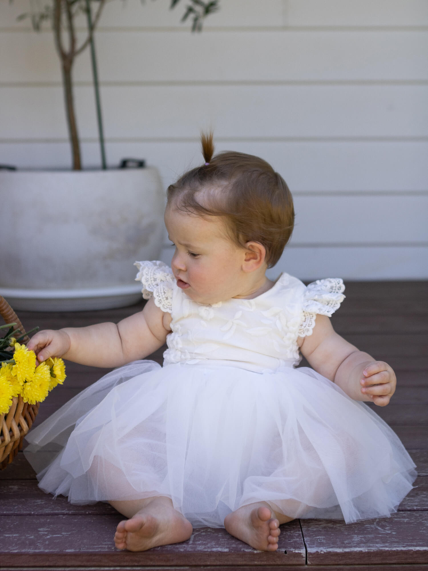 A baby girl sits wearing our Abigail baby flower girl romper with lace flutter sleeves.