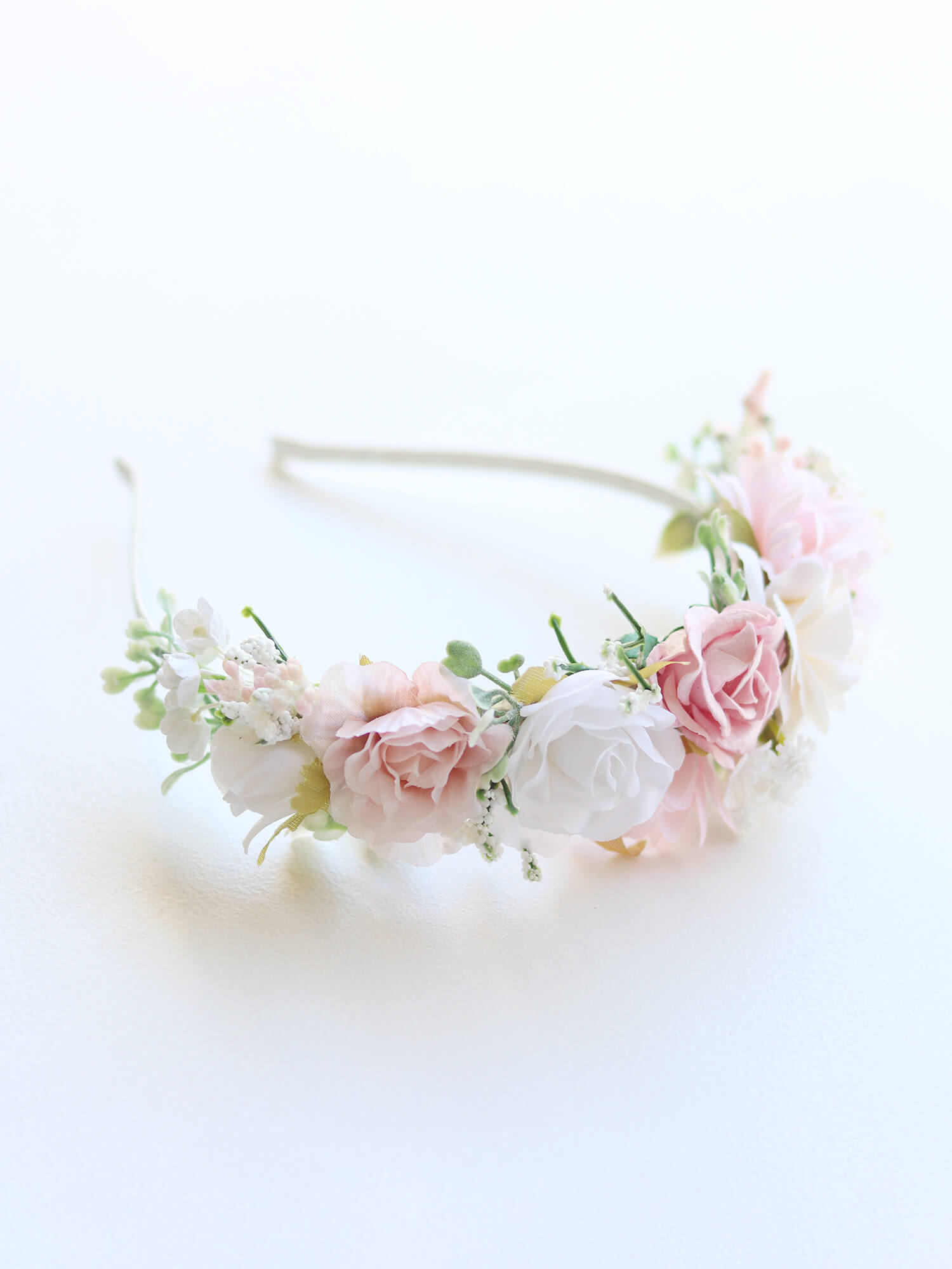 Callie flower girl headband, made with ivory and pink flowers.