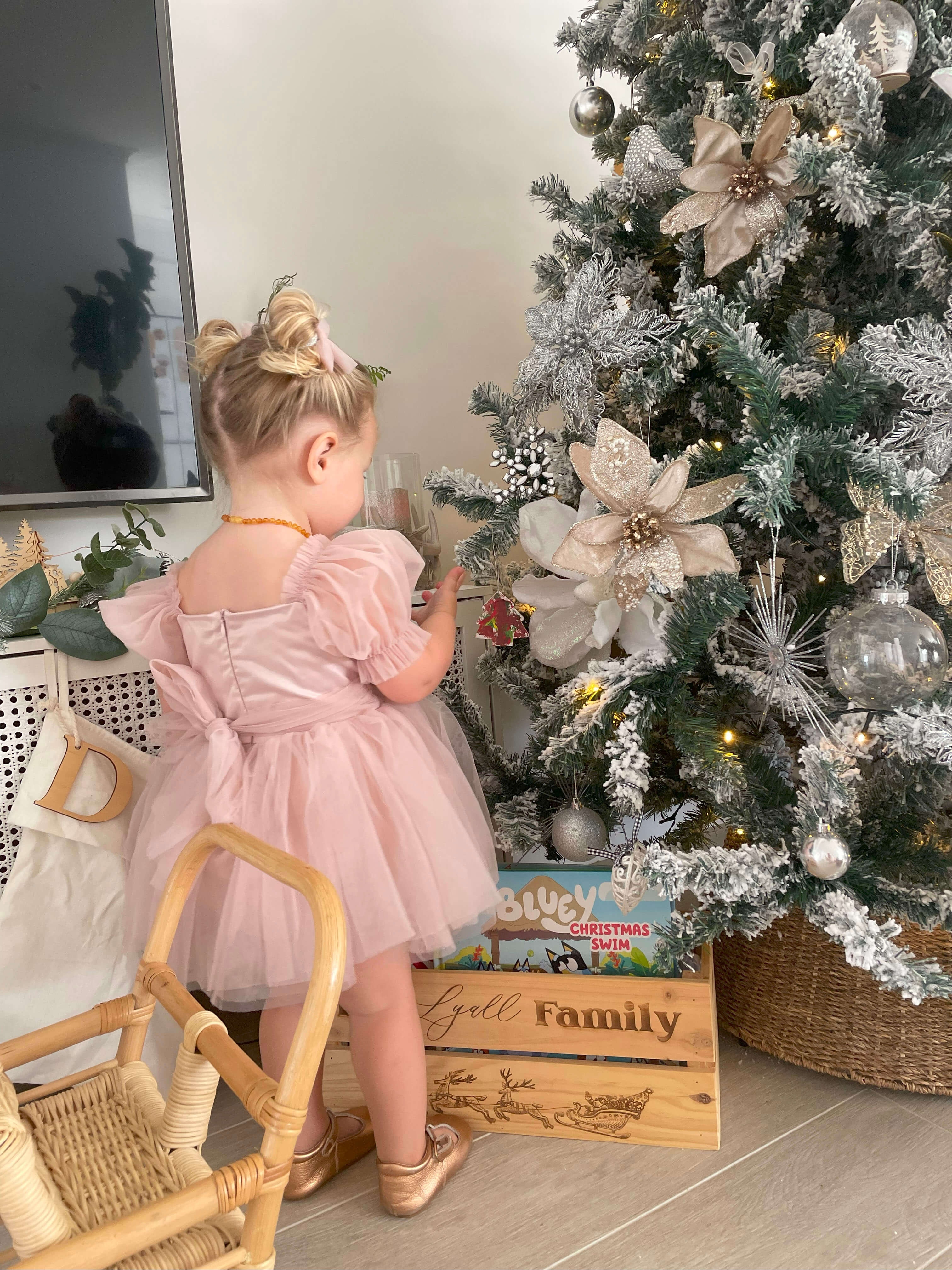 Layla baby flower girl dress in dusty pink is worn by a young girl.