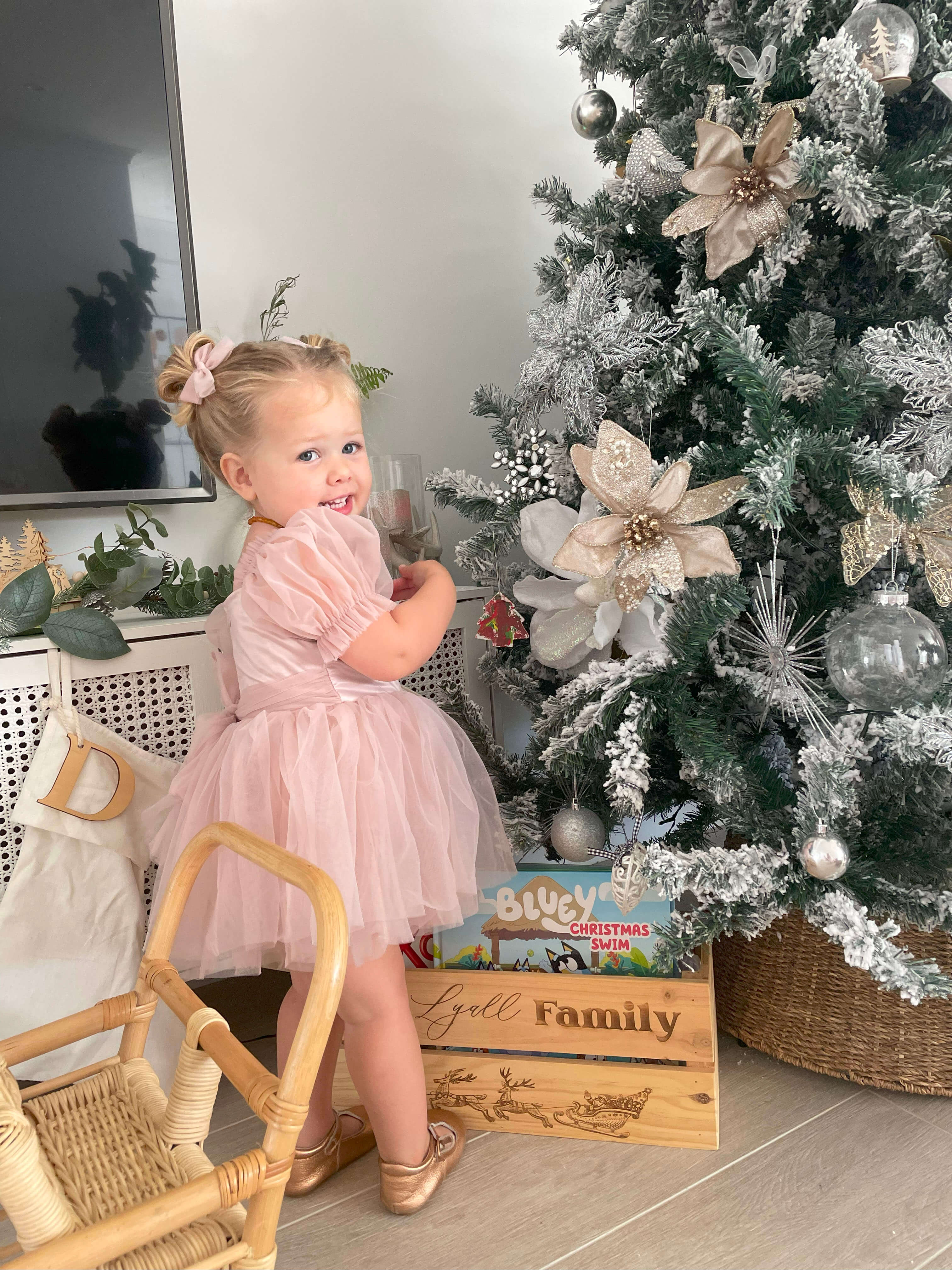 A toddler wears our Layla dusty pink flower girl dress and matching tulle pigtail bow hair clips.