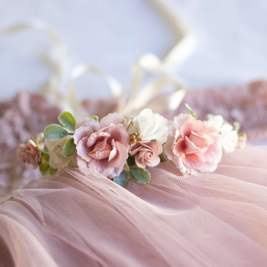 Amelie dusty pink flower crown with ivory and gold accents. Shown with our Willow special occasion dress which it matches beautifully.