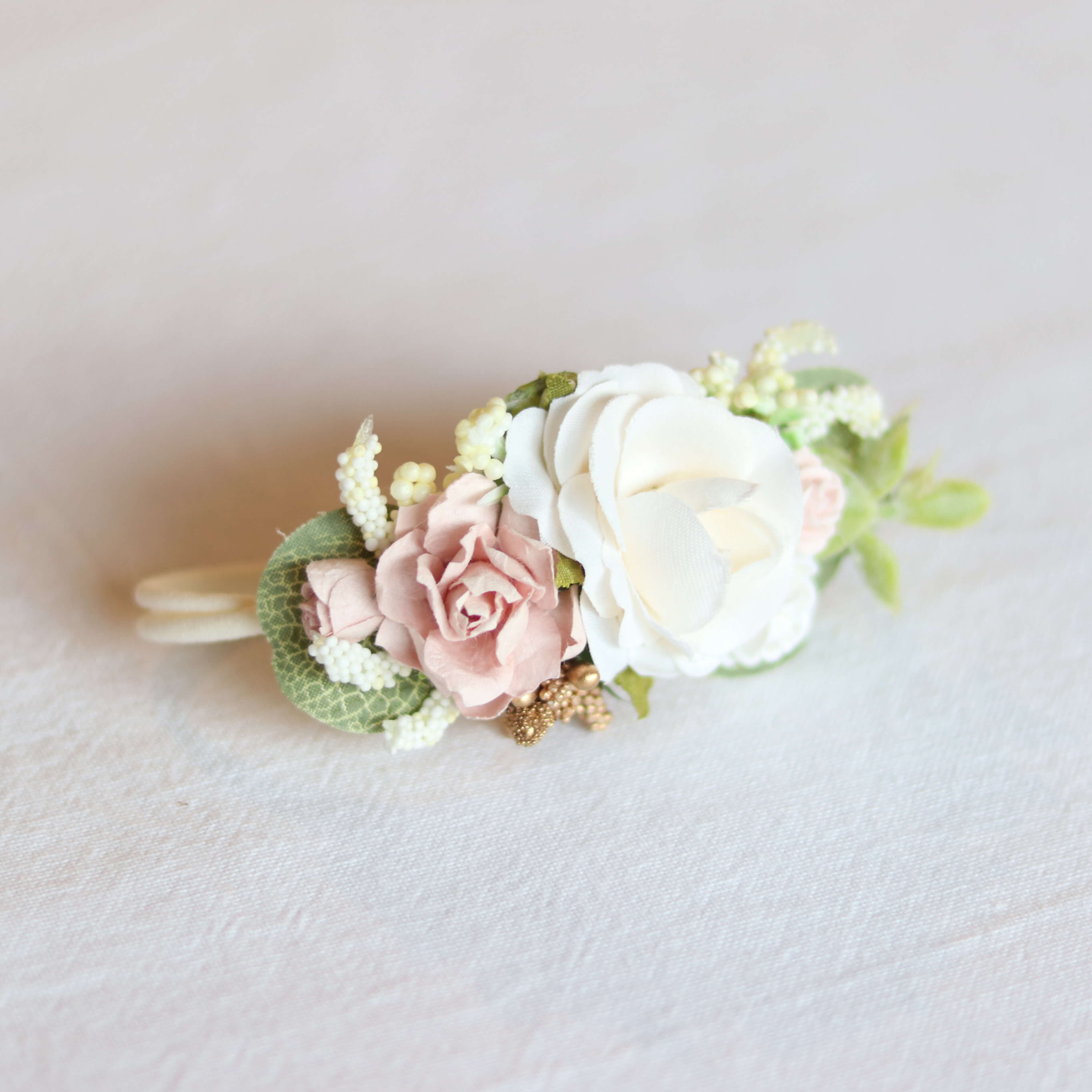 Norah baby girl floral headband shown from the side, showing floral details and soft fabric headband.