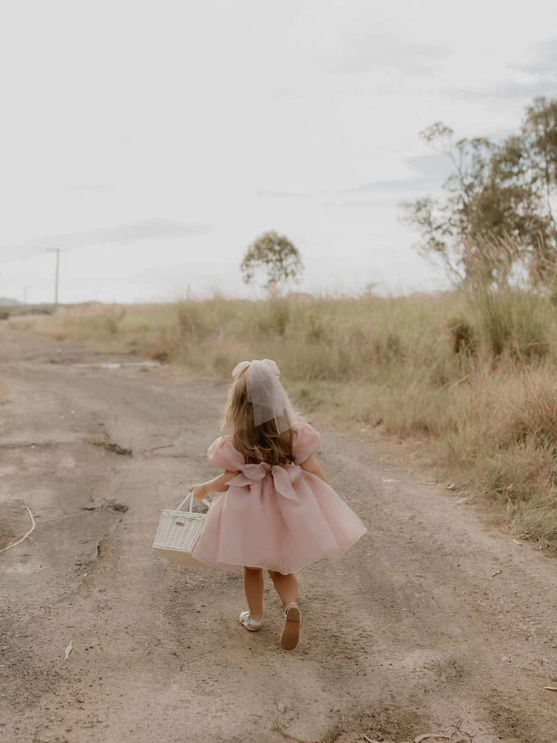 Cleo dusty pink party dress worn with a large tulle bow hairclip.