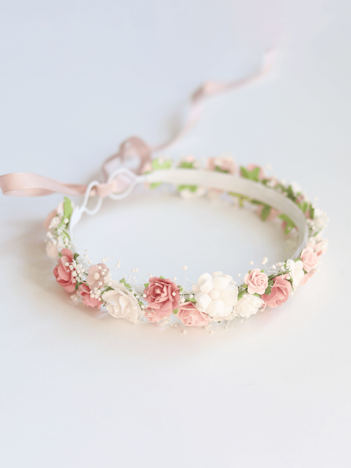 Elsie dusty rose girls flower crown with baby's breath.