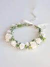 Elsie ivory flower crown of roses and baby's breath, with an ivory ribbon.
