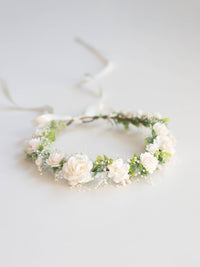 Elsie ivory flower girl wreath, of ivory roses and baby's breath.