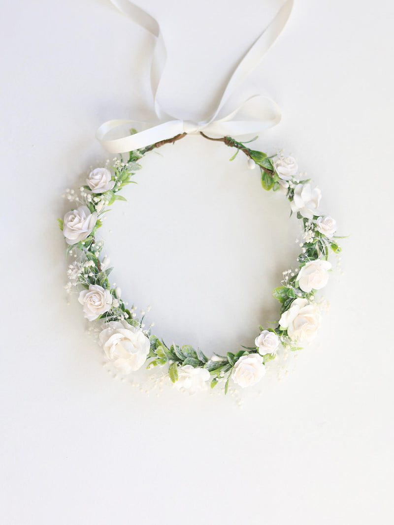 Elsie ivory girls flower crown shown from above.