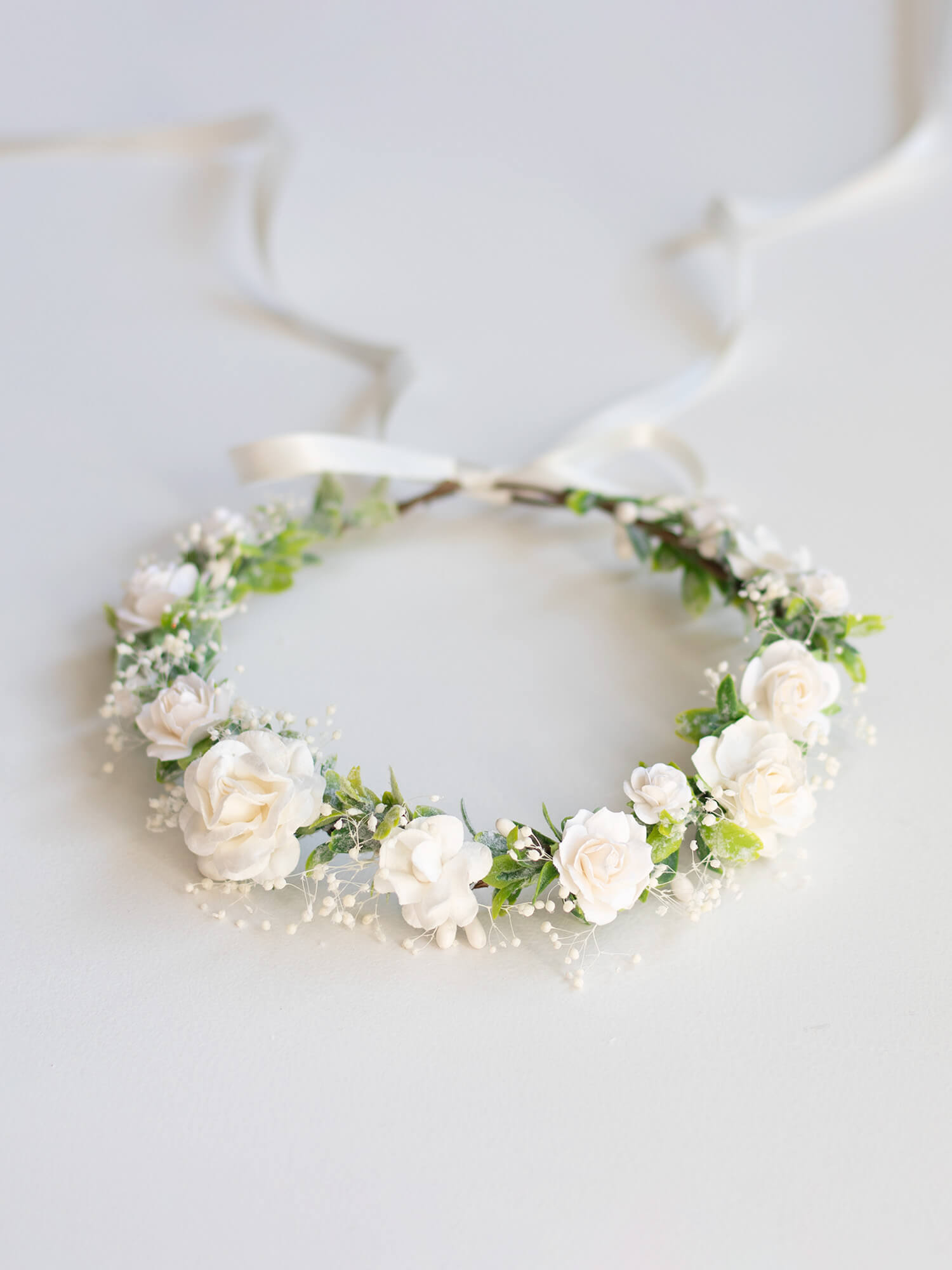 Elsie ivory rose flower crown with baby's breath.