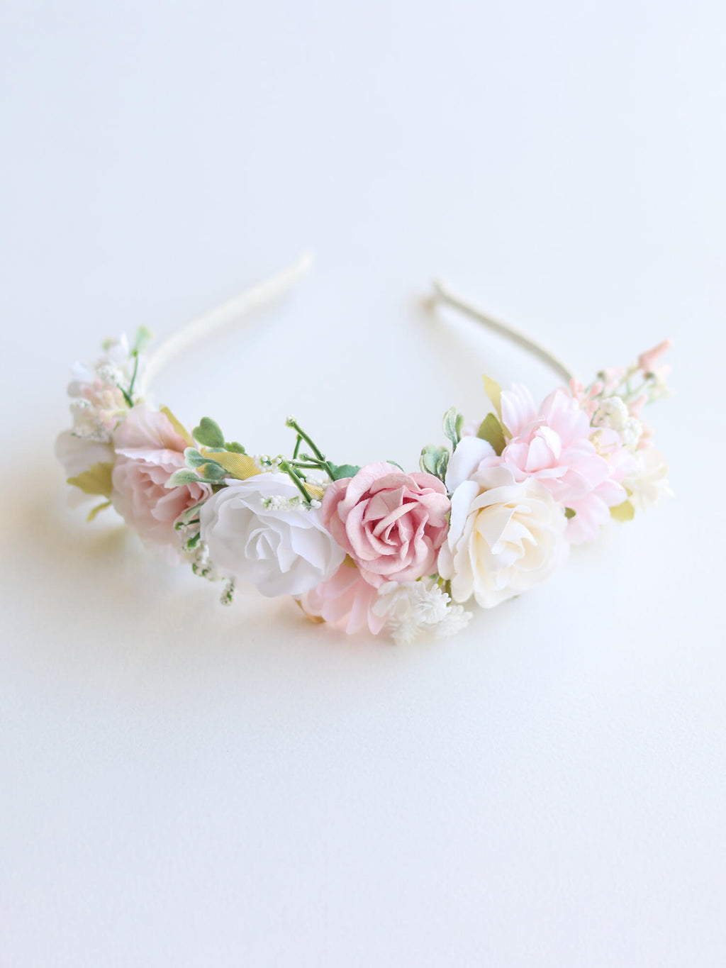 Callie flower girl headband, made with ivory and pink flowers.