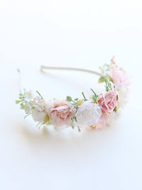 Callie flower girl headband, made with ivory and pink flowers.