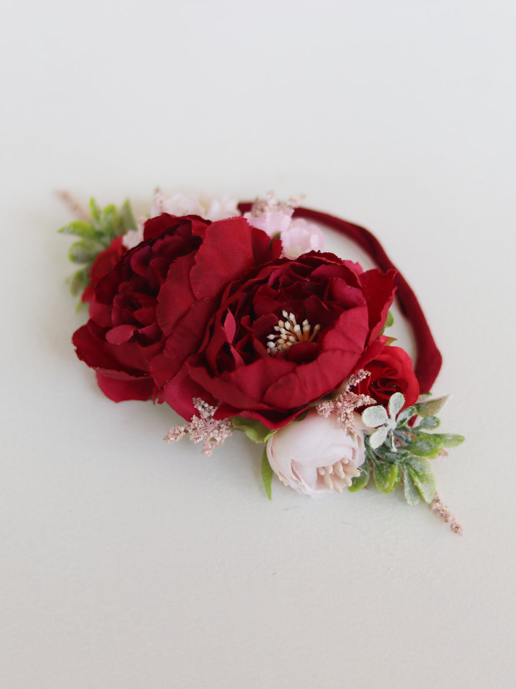 Clara Christmas baby floral headband in wine and blush.