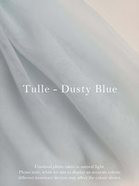 Colour swatch showing our dusty blue tulle, which is used to make our Gabrielle dusty blue flower girl romper.
