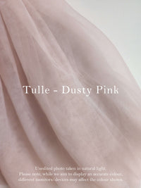 Colour swatch showing our dusty pink soft tulle, which is used to make our Harper tea length flower girl dress in dusty pink.