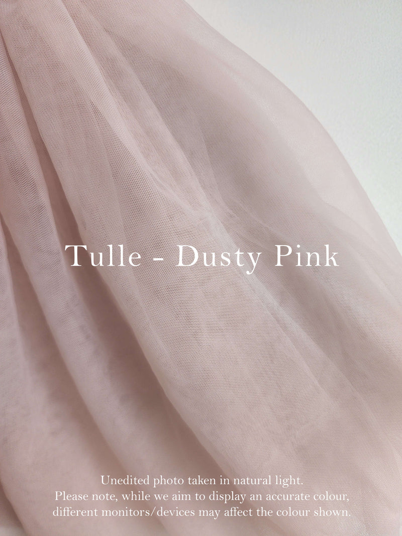 Colour swatch showing our dusty pink tulle, which is used to make our Harper dusty pink flower girl romper.