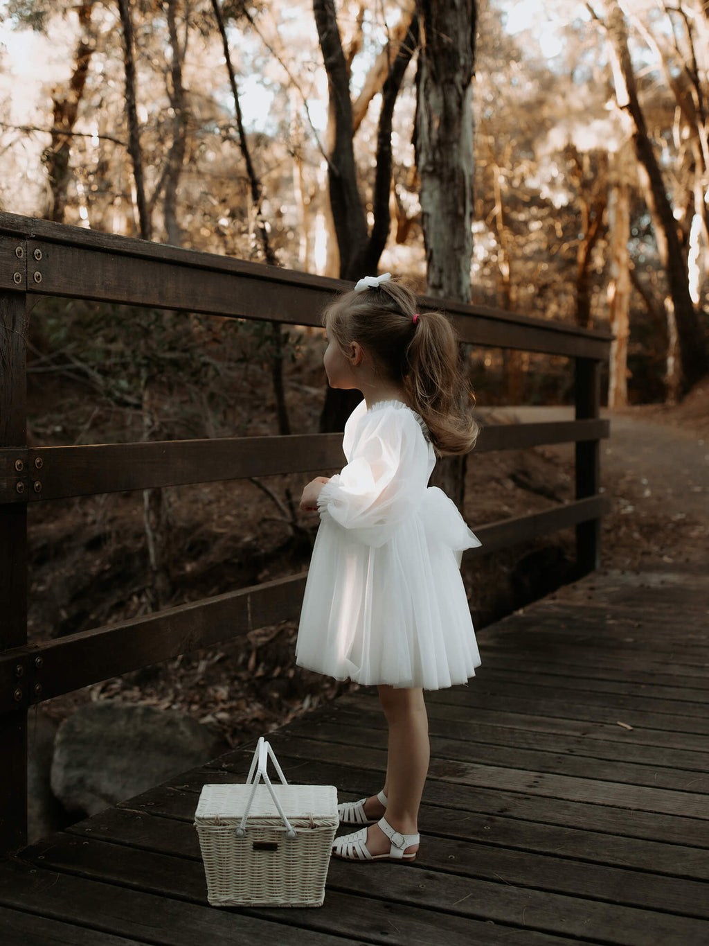 Eva tulle sleeve flower girl dress in ivory is worn by a young girl standing on a bridge. She wears a small ivory tulle bow in her hair, and stands with a flower girl basket at her feet.