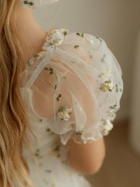 Details of the lemon floral embroidered organza of our Fleur flower girl dress.
