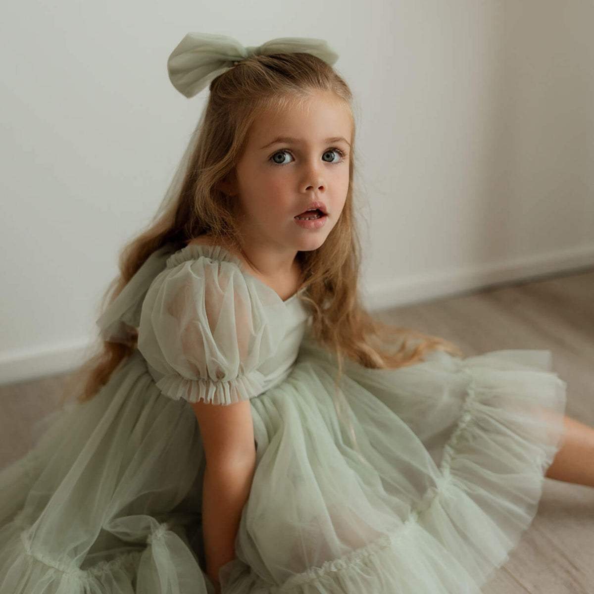 sage green flower girl dresses Gabrielle Dress - Size:L (Buy Now) length sage green tulle feature: ruched Fanciest Sweetheart Sparkly Puffy