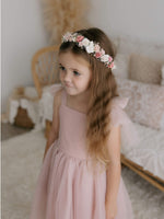 Harper tea length flower girl dress is worn with our Elsie flower crown in dusty rose.