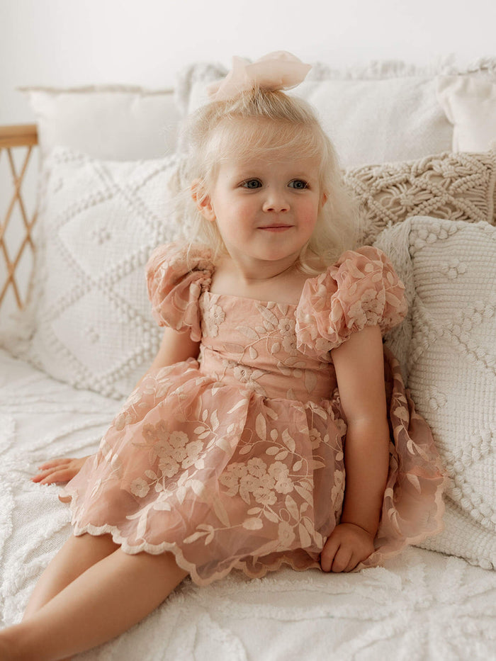 Kenzi dusty rose baby flower girl dress is worn by a toddler.