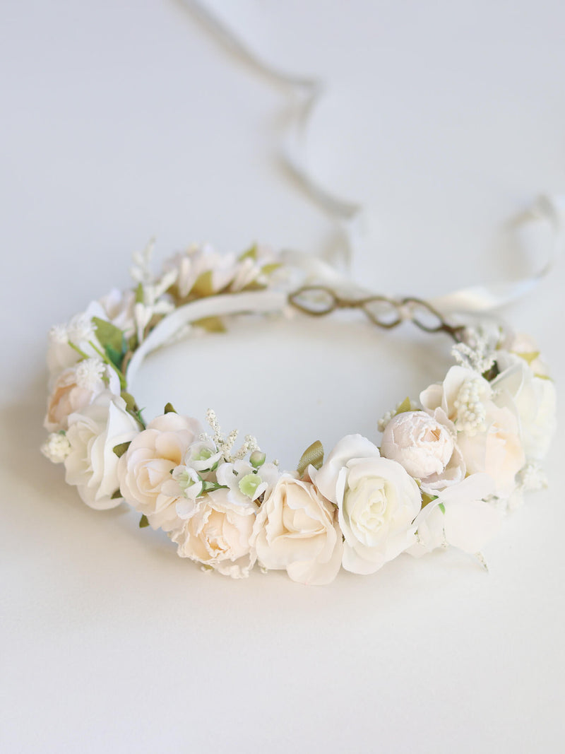 Girls cream rose flower crown with ribbon tie, for flower girls.