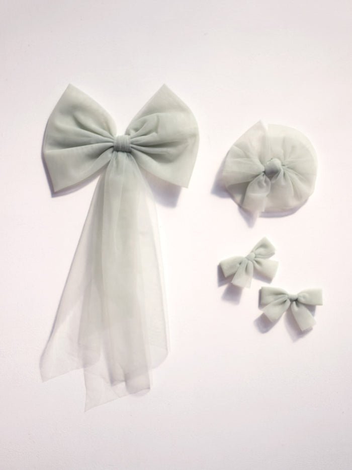 Girls sage green tulle bow clips. To match our sage flower girl dresses.