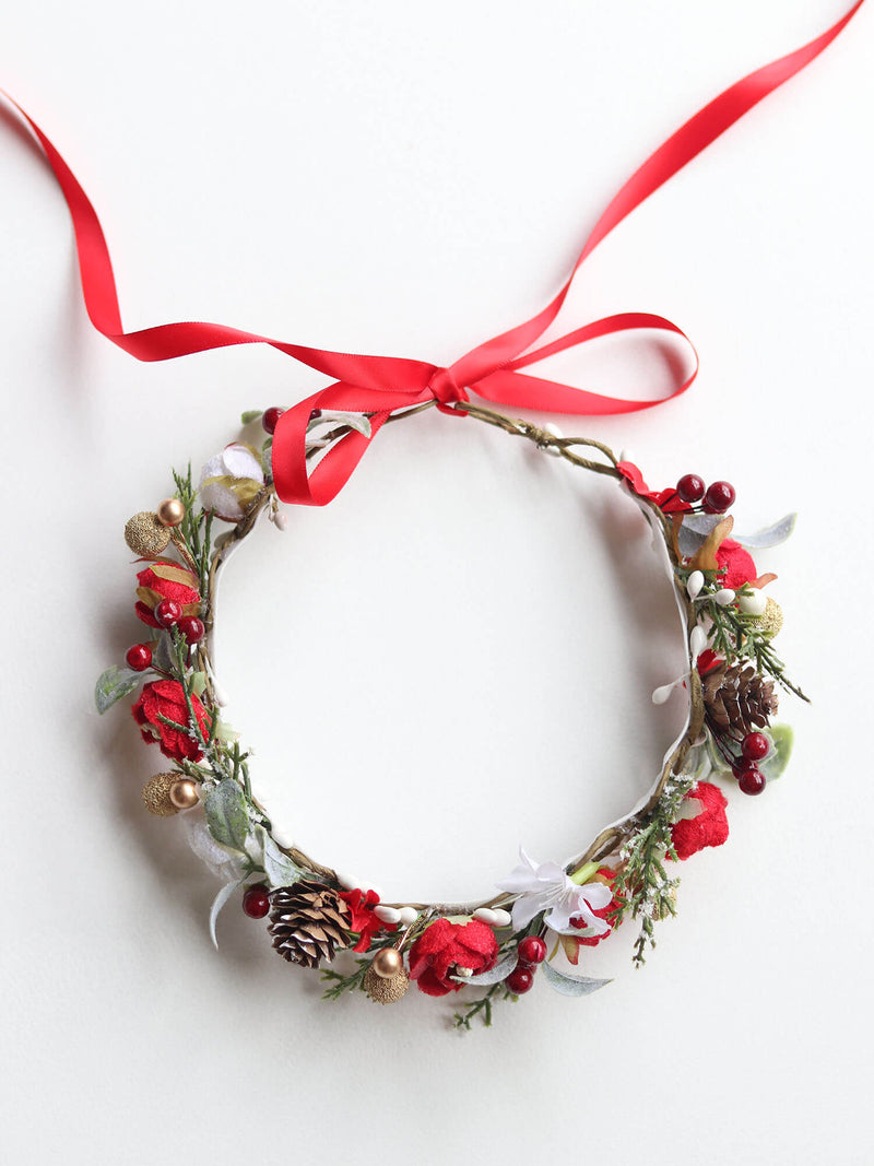 Girls red Christmas flower crown.