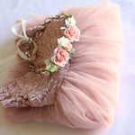 Amelie dusty pink flower crown atop of our Willow flower girl dress in dusty rose.