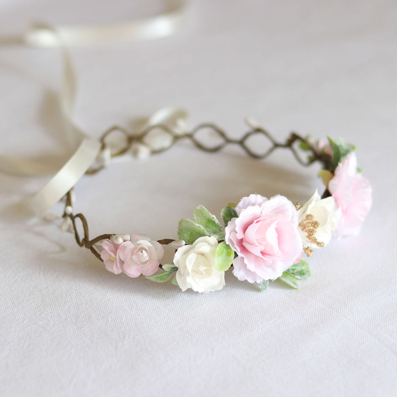 Amelie light blush and ivory flower crown shown from the side. Matches our Sophia flower girl dress.