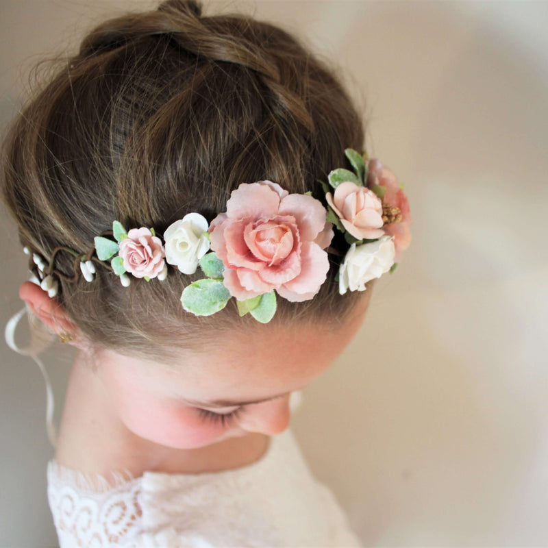 Young girl wears our Amelie flower crown.