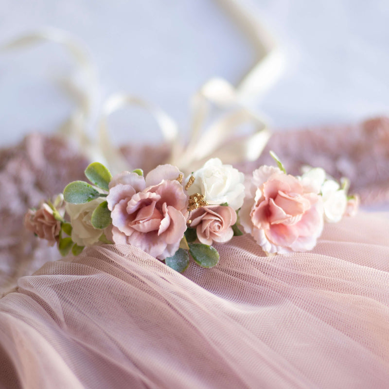 Amelie dusty pink flower crown with ivory and gold accents. Shown with our Willow special occasion dress which it matches beautifully.