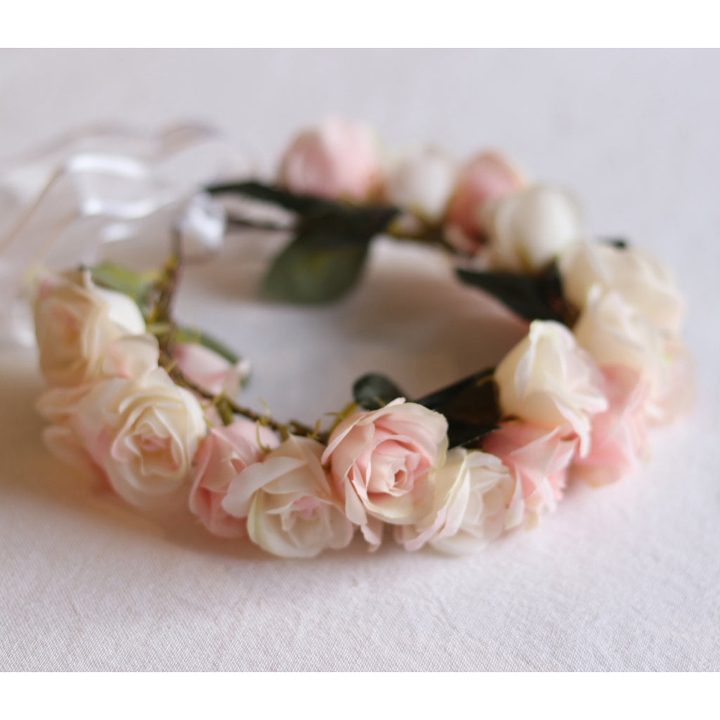 Girls flower crown of blush roses, with an ivory ribbon.