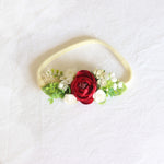 Aubrey girls floral headband. Ivory and wine posy of flowers on a soft elastic headband.