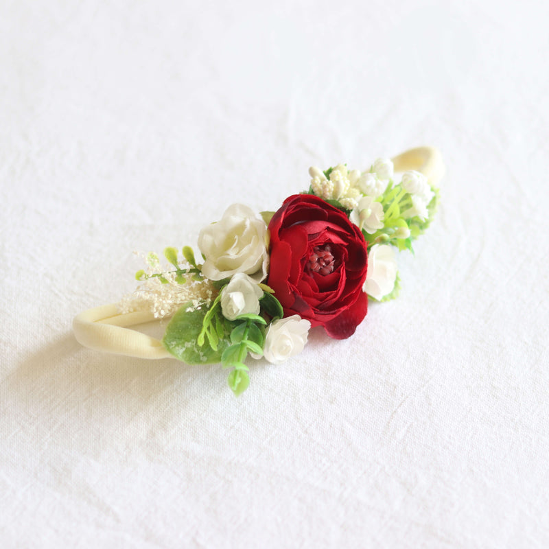 Aubrey floral headband - Flower crown - Wine and ivory blooms side view.