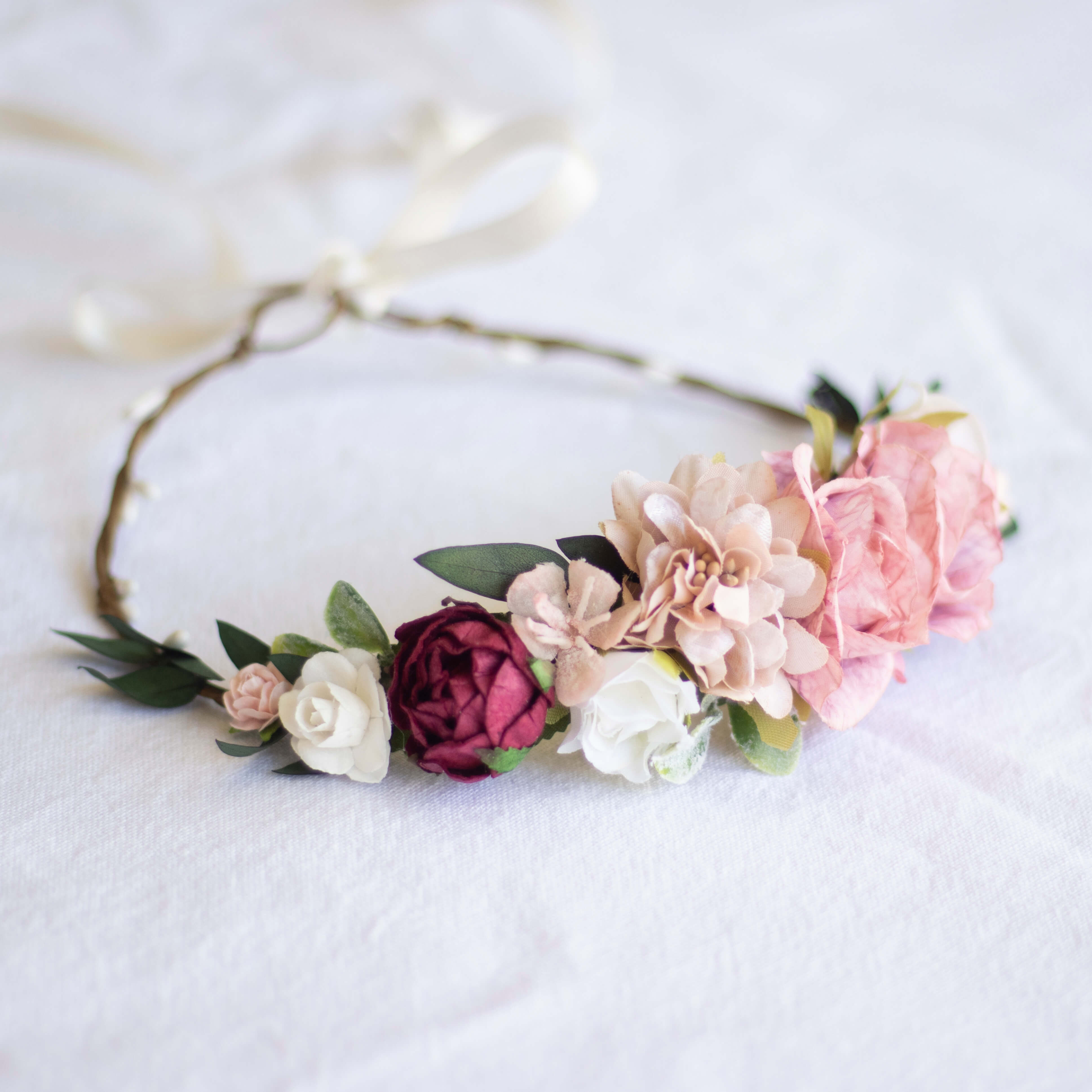 Audrey girls flower crown shown from the side. 