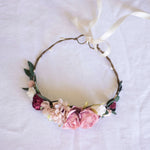 Audrey girls wine and pink flower crown shown from above. It is an adjustable crown with an ivory ribbon.