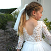 Lace long sleeve bodice of our Belle flower girl dress.