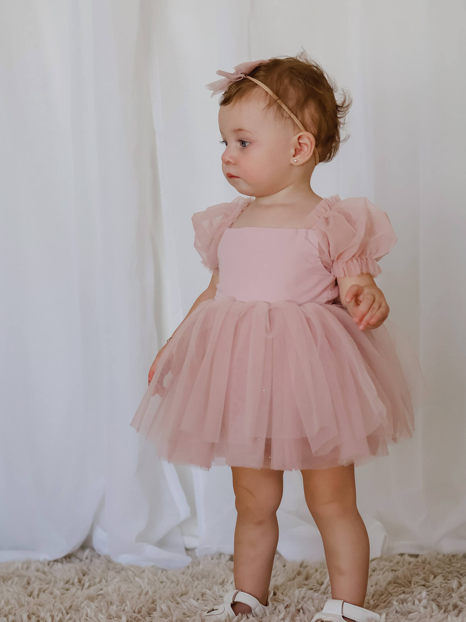 Gabrielle tulle baby flower girl romper in dusty pink.