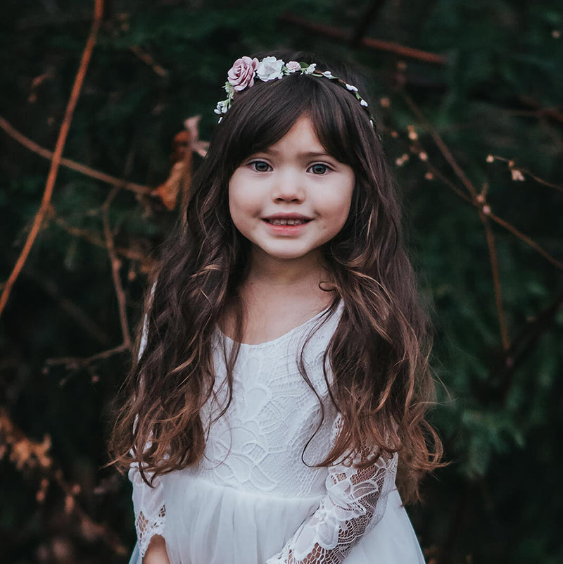 Layla girls dusty pink flower crown shown on a girl with our Briar ivory flower girl dress.