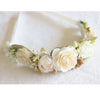 Sage ivory baby flower crown shown close. Baby flower crown for flower girls, weddings, birthday parties and baby photography. Ivory flowers with gold accents.