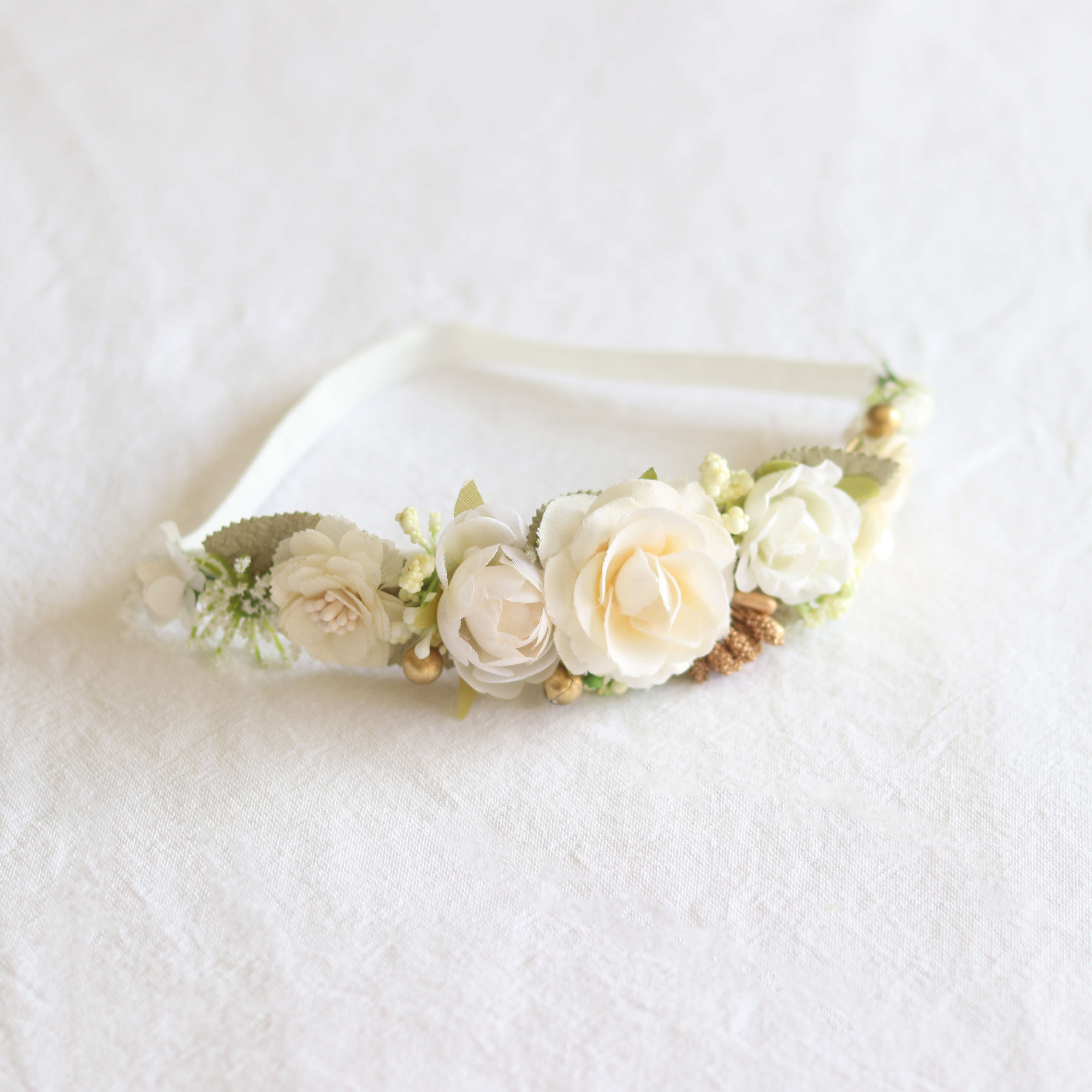 Baby girls flower crown, Sage baby floral headband. Made with ivory flowers, sage greenery and gold accents on a soft headband.