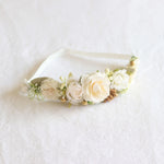 Baby girls flower crown, Sage baby floral headband. Made with ivory flowers, sage greenery and gold accents on a soft headband.
