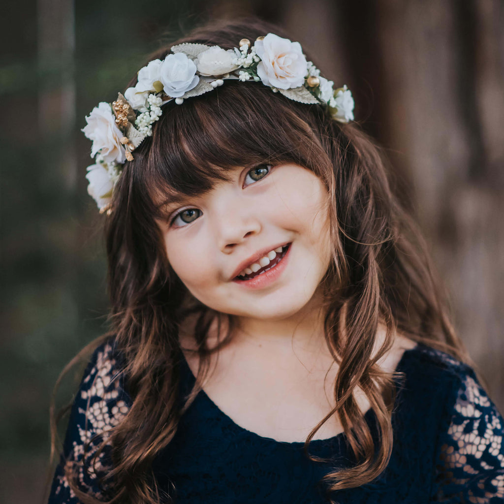 Sage flower girl flower crown. Ivory flower crown with sage and gold accents. Match it with one of our ivory flower girl dresses.