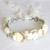 Sage flower girl flower crown. Ivory flower crown with sage and gold accents. Match it with one of our ivory flower girl dresses.
